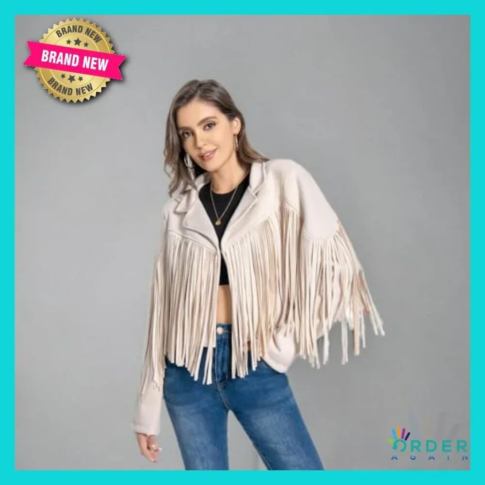 Faux Leather Fringe Jacket Western Cowgirl Crop Moto Top Tassel Design - Picture 5 of 5